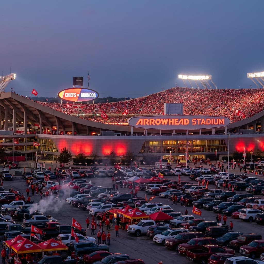 Arrowhead Stadium glowing red at night
